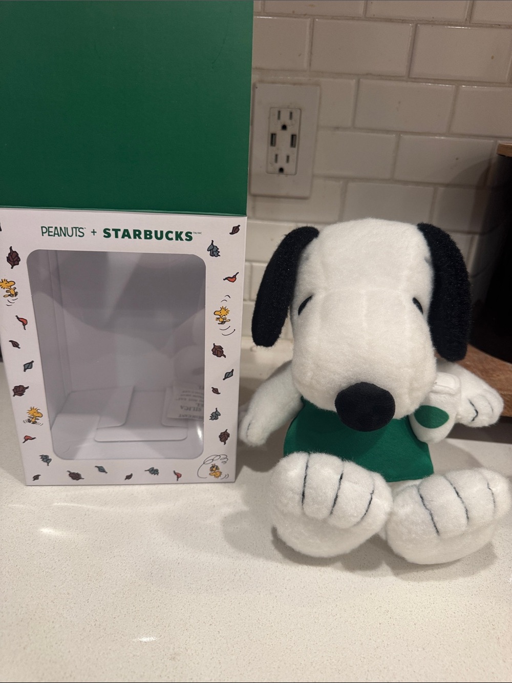 Peanuts x Starbucks Snoopy Plush Dog Toy in White and Black with Green apron